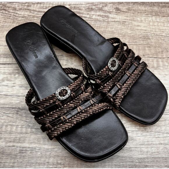 Brighton Sandals Womens Size 7.5 Rita Brown Leather Woven Bronze Heel Slide Boho - Picture 1 of 7